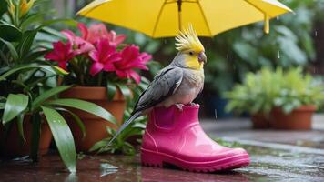 A cockatiel perched on a pink boot under an umbrella, surrounded by vibrant plants in the rain. photo