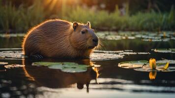 A capybara resting on lily pads in a serene pond during sunset. photo