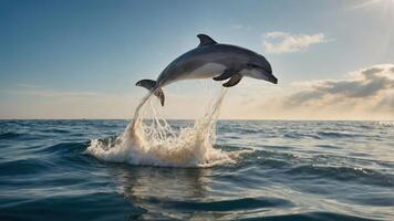 A dolphin leaps gracefully above the ocean's surface, creating a splash in a serene setting. photo