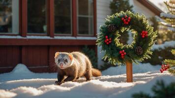 A ferret walks in the snow near a festive wreath, creating a cheerful winter scene. photo