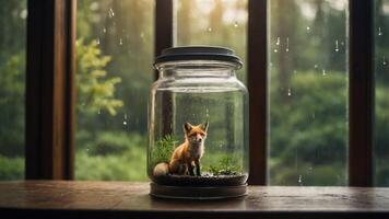 A fox enclosed in a glass jar, surrounded by plants, with rain falling outside the window. photo