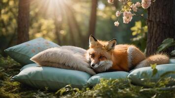 A serene fox resting on soft pillows in a sunlit forest setting. photo