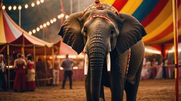 An elephant stands in a colorful circus tent, surrounded by people and festive lights. photo