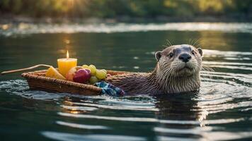 An otter floats in water, carrying a basket with fruit and a candle. photo