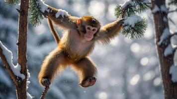 A monkey hanging from a snowy tree branch in a winter forest setting. photo