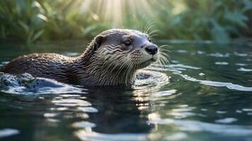 A serene otter swimming in clear water, illuminated by soft sunlight filtering through greenery. photo