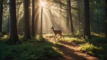 A deer walks through a sunlit forest, rays of light filtering through the trees. photo