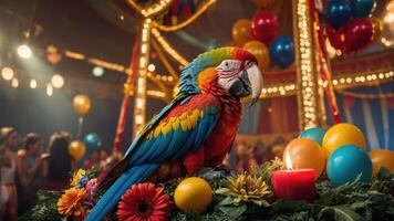 A vibrant parrot perched on a festive table surrounded by flowers and colorful balloons. photo