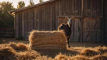 A goat stands near a haystack in a rustic farm setting during golden hour. photo