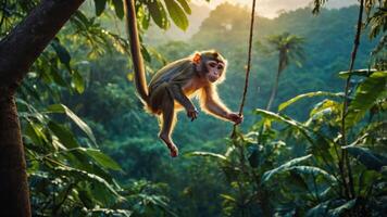 A monkey swings from a branch in a lush jungle setting during golden hour. photo