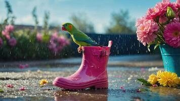 A colorful parrot perched in a pink rain boot surrounded by flowers in a rainy setting. photo