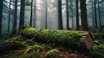 A serene forest scene with a moss-covered log surrounded by tall trees and mist. photo