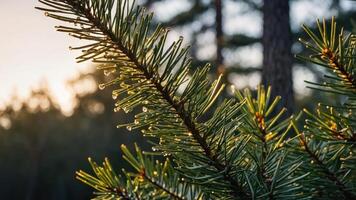 Close-up of a pine branch with dew drops in a forest setting during sunrise. photo
