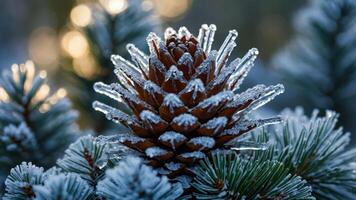 A close-up of a pine cone covered in frost and ice, set against a blurred background. photo