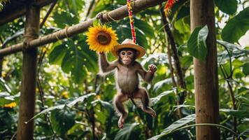A playful monkey hanging from a bamboo structure, holding a sunflower in a lush environment. photo