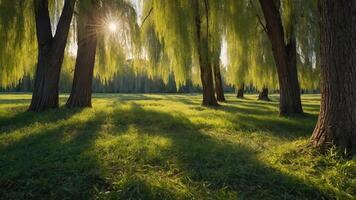 Serene landscape with willow trees and sunlight filtering through lush greenery. photo