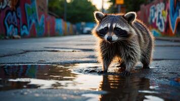 A raccoon stands in a puddle on a street with colorful graffiti in the background. photo