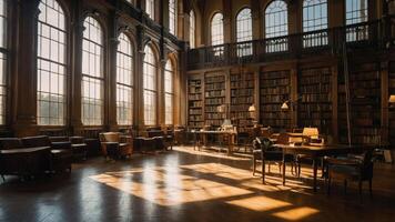 A sunlit library with tall windows, wooden bookshelves, and cozy reading spaces. photo