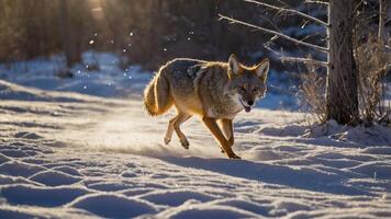 A coyote runs through a snowy landscape, showcasing its agility and natural habitat. photo