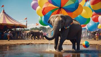 An elephant plays in water surrounded by colorful balloons at a festive event. photo