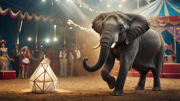 An elephant performing in a circus setting, surrounded by an audience and colorful tents. photo