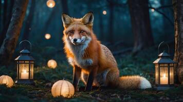 A fox sits amidst lanterns in a misty forest, creating a magical atmosphere. photo