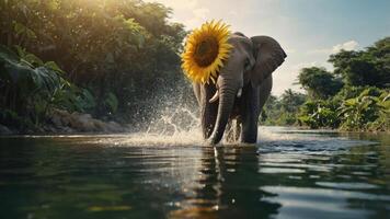 An elephant wades through water, adorned with a sunflower on its head, in a lush environment. photo