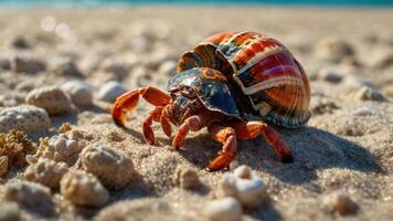 A colorful hermit crab on sandy beach, showcasing its vibrant shell and natural habitat. photo