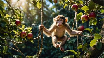A playful monkey hanging on branches with apples in a lush, sunlit environment. photo