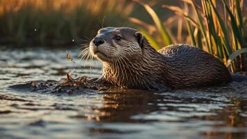 A serene otter emerges from water, surrounded by reeds and reflecting sunlight. photo