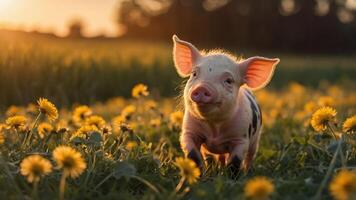 A playful piglet frolics in a field of dandelions during sunset. photo
