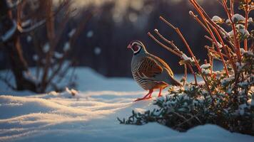 A colorful bird walks through a snowy landscape, illuminated by soft sunlight. photo