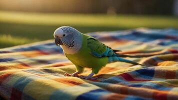 A colorful parakeet exploring a checkered blanket in a natural setting. photo