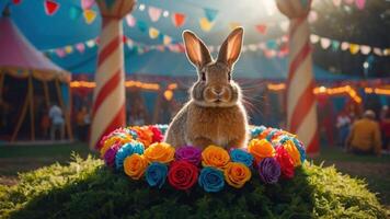 A rabbit sits proudly in a flower arrangement at a colorful circus setting. photo