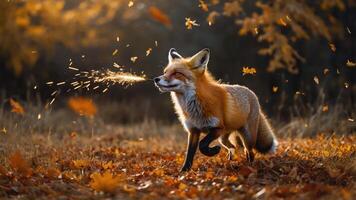 A vibrant fox playfully running through autumn leaves, with sunlight filtering through trees. photo
