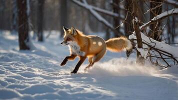 A fox running through snowy woods, capturing the essence of winter wildlife. photo