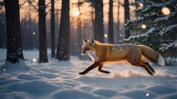 A fox gracefully runs through a snowy forest at sunset, surrounded by trees and falling snow. photo