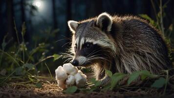 A raccoon curiously holds a cotton-like object in a moonlit forest setting. photo