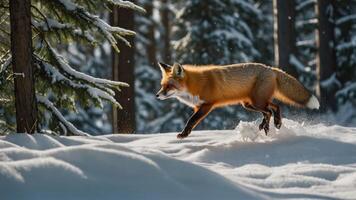A red fox gracefully runs through a snowy forest, showcasing its agility and beauty in winter. photo