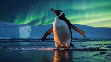 A penguin stands on a reflective surface under a vibrant aurora borealis. photo