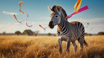 A zebra in a field adorned with colorful ribbons, capturing a whimsical moment in nature. photo