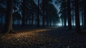 A tranquil forest scene at night, illuminated by a soft light on the ground. photo