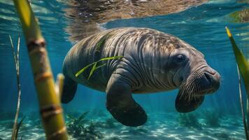 A serene underwater scene featuring a manatee gliding through clear waters among aquatic plants. photo