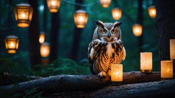 An owl perched on a log amidst glowing lanterns in a serene forest setting. photo