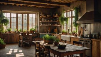 A rustic kitchen filled with plants and natural light, showcasing a warm, inviting atmosphere. photo