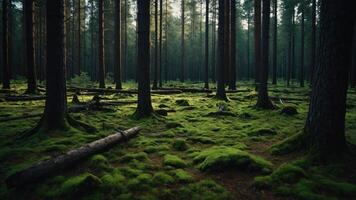 A serene forest scene with tall trees and moss-covered ground, evoking tranquility. photo