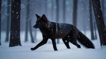A dark fox walks through a snowy forest, surrounded by falling snowflakes. photo
