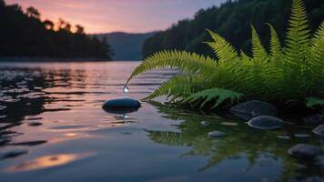 A serene river scene at sunset, featuring ferns and stones with a droplet of water. photo
