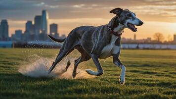 A dog joyfully runs across a grassy field during sunset with a city skyline in the background. photo