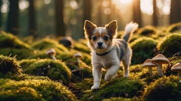 A small dog walking through a mossy forest with mushrooms in the background during sunset. photo